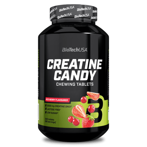 BioTechUSA Creatine Candy to smaczna, owocowa tabletka do żucia, która zapewnia 3 g kreatyny dziennie, wspierając wydajność i dynamikę. 