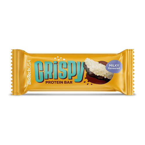 BioTechUSA Crispy Protein Bar – Bezglutenowy, chrupiący baton białkowy o mlecznym smaku w polewie kakaowej, z izolatem białka mleka, kawałkami ciastek, dodatkiem cukrów i substancji słodzących. 