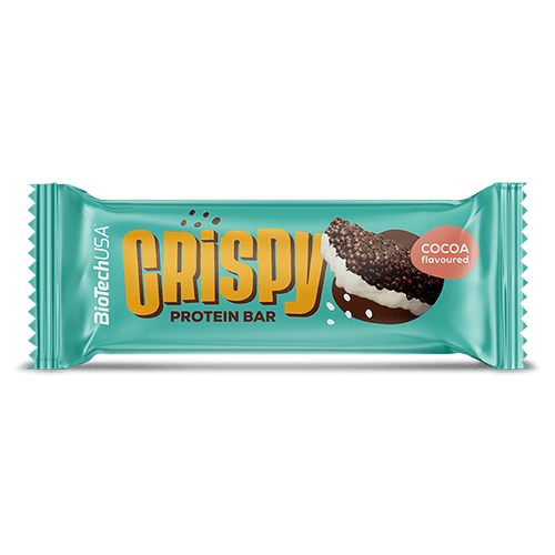 Crispy Protein Bar firmy BioTechUSA - chrupiący baton białkowy o smaku kakaowym, z białą polewą na spodzie, ekstrudowany z białka mlecznego, z kawałkami herbatnika, z cukrami i substancją słodzącą, nie zawierający glutenu.